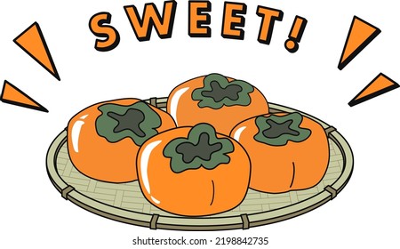 Vector illustration of a sweet and delicious persimmon on a colander with the word "SWEET." Perfect for food, fruit, and autumn-themed designs.
