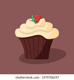 Vector illustration of a sweet dessert cupcake with cream and strawberries.