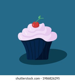 Vector illustration of a sweet dessert cupcake with berry cream and cherries.