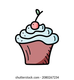 Vector illustration of a sweet dessert cupcake with milk cream and cherries.