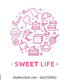 Vector illustration of sweet desserts, cakes and cookies. Infographic concept for logo, banner, publishing, web, graphic design, bakery, cafe menu. Cookies, Cupcake, Biscuit, Cake, Ice cream, Candy 