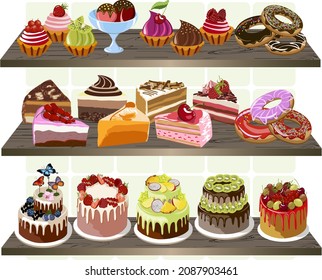 Vector illustration of sweet desserts.Beautiful sweet desserts on wooden shelves in color vector presentation.