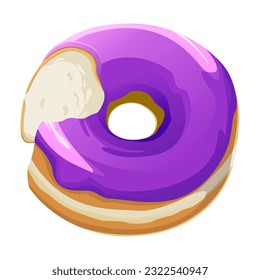 vector illustration of a sweet donut with a bitten purple creamy sugar topping