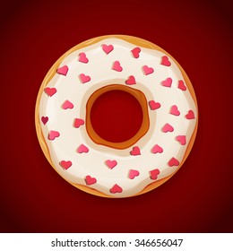 Vector illustration of the sweet donut with sugar glaze and sweet caramel hearts