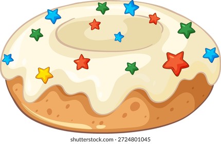Ilustración vectorial de una rosquilla dulce con glaseado blanco y estrellas multicolores aisladas