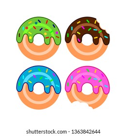 Vector illustration of sweet donuts and bite marks on a white background.