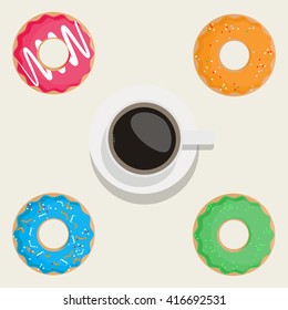 Vector illustration sweet donuts pink, orange, blue and green.