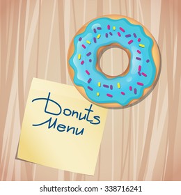 Vector illustration with sweet donuts and sticker on the table. Top view. Good morning!