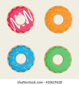 Vector illustration sweet donuts top view pink, orange, blue and green. Donuts icon set. Collection of tasty donuts