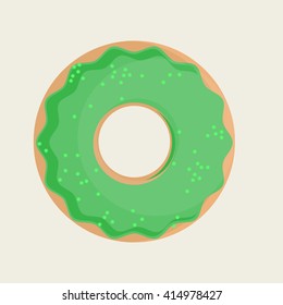 Vector illustration sweet donuts top view with green glaze. Donuts icon set. Tasty donuts