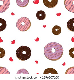 Ilustración vectorial de donuts dulces para el Día de San Valentín con corazones. Ilustración perfecta. Patrón