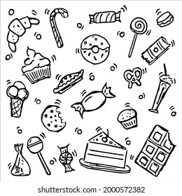 Vector illustration with sweet food. Doodle vector with sweet food icons on white background. Vintage sweets illustration, sweet elements background for your project, menu, cafe shop. 