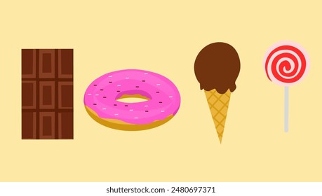 Vector illustration of sweet foods including chocolate, donuts, ice cream and lollipops