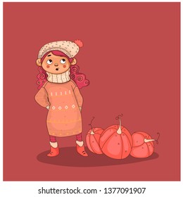 Vector illustration. Sweet girl character in pink sweater and yummy pumpkins.