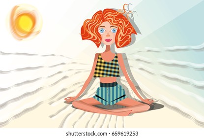 vector illustration with a sweet girl practicing yoga on the beach