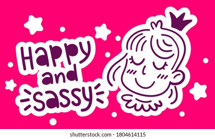 Vector illustration of sweet and happy little princess girl with text and star on pink background, line art design