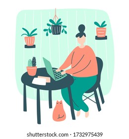 Vector illustration of sweet home concept. Woman character in room with cat and plants around sitting and working. Calm and cozy room interior concept with home garden. 