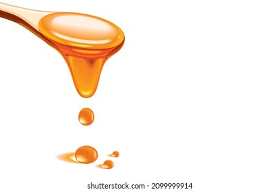 Vector illustration of sweet honey falling or pouring from wooden spoon,realistic vector honey drop,golden water drop,isolated on white background,Health benefits of honey food and beauty concept.