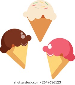 vector illustration of sweet ice cream in vanilla, chocolate, and strawberry flavors