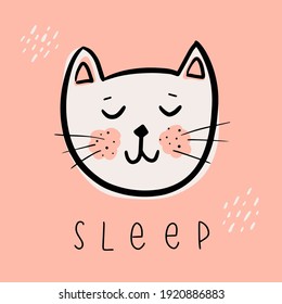 Vector illustration. Sweet icon of cute cat's head. Pet lover. Hand drawn calligraphy "Sleep". Every element is isolated. Concept of care yourself, stay home, napping, relax, rest. Design for poster