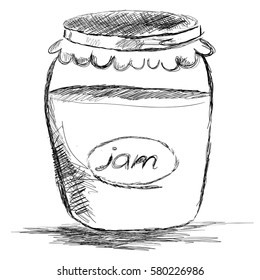 Vector illustration of sweet jam doodle on white background. Jar of jam logo.