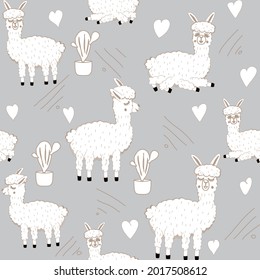 Vector illustration of Sweet Llama or alpaca and cactus. Seamless pattern of Hand draw llama. South america's llama illustration pattern for fabric, wallpaper, for kids goods. Cute Alpaca.