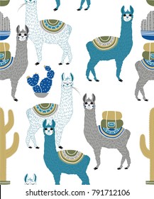 Vector illustration of Sweet Llama or alpaca and cactus. Seamless pattern of Hand draw llama. South america's llama illustration pattern for fabric, wallpaper, for kids goods. Cute Alpaca.