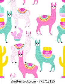 Vector illustration of Sweet Llama or alpaca and cactus. Seamless pattern of Hand draw llama. South america's llama illustration pattern for fabric, wallpaper, for kids goods. Cute Alpaca.