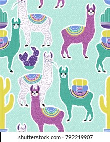 Ilustración vectorial de Sweet Llama o alpaca y cactus. Patrón sin fisuras de llama dibujada a mano. El patrón de ilustración de Sudamérica para tela, papel pintado, para productos infantiles. Cuta Alpaca.