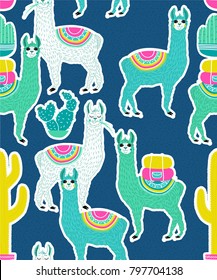 Vector illustration of Sweet Llama or alpaca and cactus. Seamless pattern of Hand draw llama. South america's llama illustration pattern for fabric, wallpaper, for kids goods. Cute Alpaca.