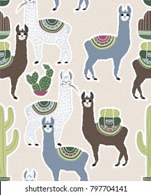 Vector illustration of Sweet Llama or alpaca and cactus. Seamless pattern of Hand draw llama. South america's llama illustration pattern for fabric, kids goods. Cute Alpaca. Beige background