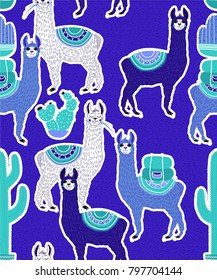 Vector illustration of Sweet Llama or alpaca and cactus. Seamless pattern of Hand draw llama. South america's llama illustration pattern for fabric, kids goods. Cute Alpaca. Blue background