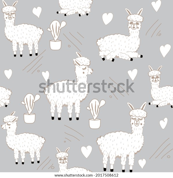Vector\
illustration of Sweet Llama or alpaca and cactus. Seamless pattern\
of Hand draw llama. South america\'s llama illustration pattern for\
fabric, wallpaper, for kids goods. Cute\
Alpaca.