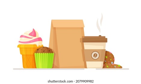Vector illustration of sweet lunch. Hot coffee in a cup and delicious muffin, cookies, ice cream and more. 