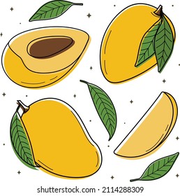 Ilustración vectorial de un conjunto de mango dulce. Elementos de diseño para muchos, publicidad y portadas, libros infantiles, alimentos e ilustraciones de alimentos. Vector de frutas, hojas de plantas de jardín. Nutrición dietética