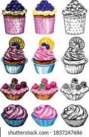 Vector illustration. Sweet pastries, delicious cakes, bright colors and juicy details. Cakes, muffins, desserts, cream, berries and fruty.