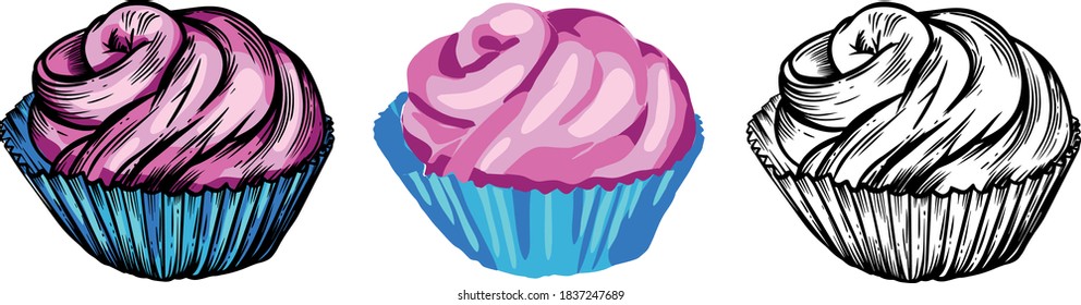 Vector illustration. Sweet pastries, delicious cakes, bright colors and juicy details. Cakes, muffins, desserts, cream, berries and fruty.