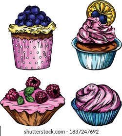 Vector illustration. Sweet pastries, delicious cakes, bright colors and juicy details. Cakes, muffins, desserts, cream, berries and fruty.