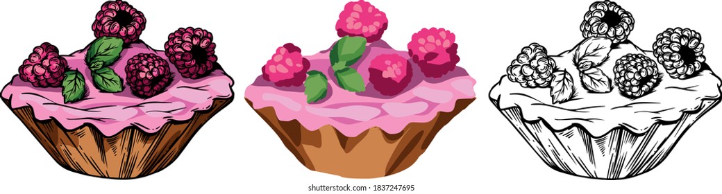 Vector illustration. Sweet pastries, delicious cakes, bright colors and juicy details. Cakes, muffins, desserts, cream, berries and fruty.