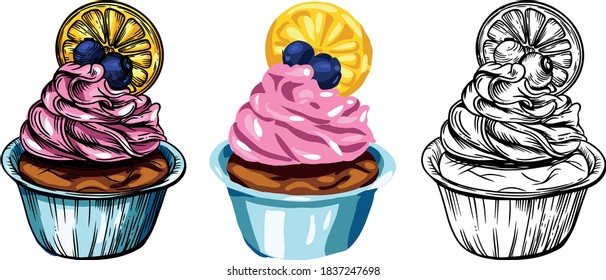 Vector illustration. Sweet pastries, delicious cakes, bright colors and juicy details. Cakes, muffins, desserts, cream, berries and fruty.