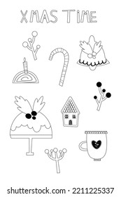 Vektorgrafik mit süßem Gebäck, Lebkuchen, Kuchen, Karamelll, Becher mit Pflanzenelementen. Weihnachtsposter mit dem Weihnachtsmann und Geschenk zum Färben von Seiten.