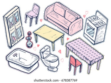Vector illustration of a sweet pink colors furniture set with dotted outline. Good for stickers and other stationery design.