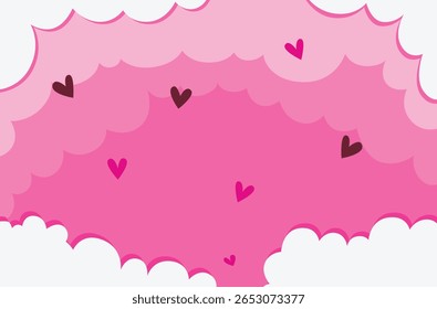 Ilustração vetorial de um céu rosa doce adornado com vários tons de corações flutuantes rosa e nuvens fofas
