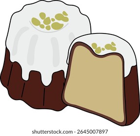 Vector illustration of a sweet pistachio vanilla canelé dessert featuring a white vanilla glaze topped with green pistachio crumbs.