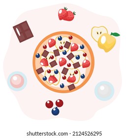 Vector illustration of a sweet pizza with apple and chocolate and its composition