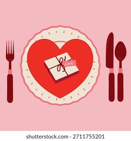Ilustración vectorial de un lugar dulce para una cita o el día de San Valentín con una caja de regalo etiquetada como 'Amor'. Perfecto para una tarjeta, Anuncio, menú, volante