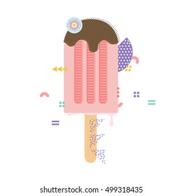 Vector illustration sweet popsicle with chocolate glaze. Made in 80s memphis style. Can be used as greeting card, print or poster, advertising banner.