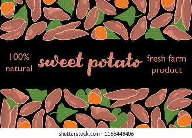 vector illustration of sweet potato and leaf design with lettering sweet potato background black and vegetable and text fresh farm product 100 percent natural EPS10