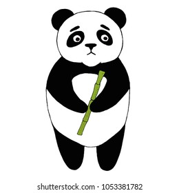Vector illustration of a sweet sad panda with a bamboo branch in hand, hand drawn doodle