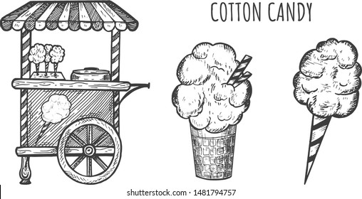 Vector illustration of sweet sugar dessert for kids. Cotton candy on stick, in paper cup, trolley machine. Vintage hand drawn style.